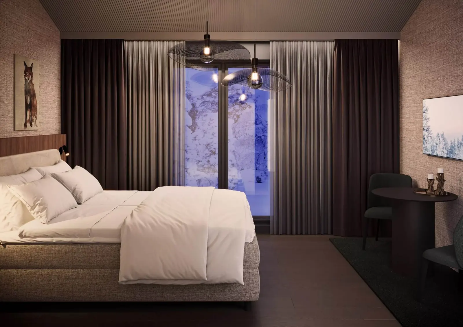 Architect's visualisation. The Kuru room theme: a wide bed with a white duvet and stacked pillows, pale linen-weave walls, a painting of a fox above the headboard, a floor-to-ceiling glass wall onto snow-covered rock, two sculptural mesh pendant lamps, and a small round table with two chairs.