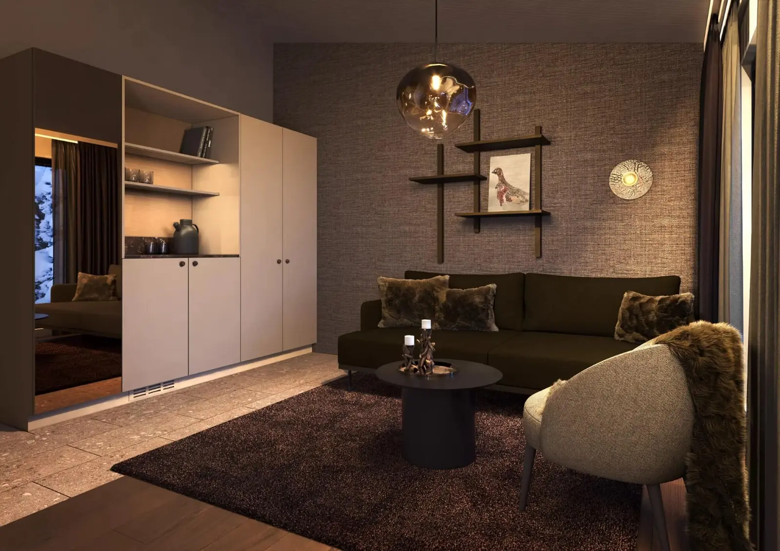 Architect's visualisation. The Rakka room theme, seating area: a dark olive sofa with faux-fur cushions against a woven textile wall, a cream armchair with a fur throw, a low round black table with candles, a deep brown rug on stone-effect tile, and a mirrored wardrobe reflecting a snowy window.