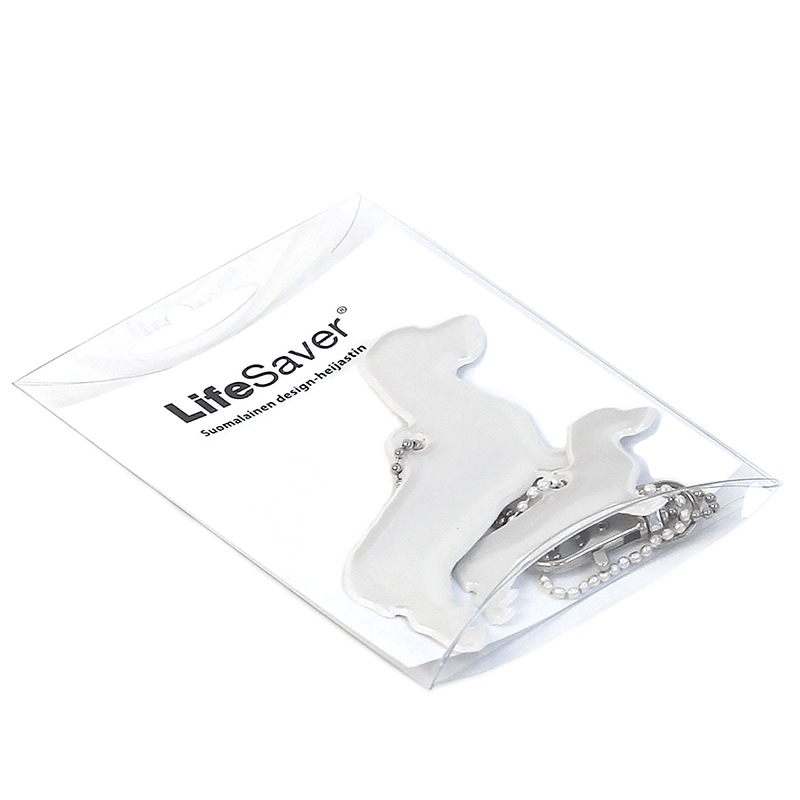 LifeSaver.fi Mäyräkoiraheijastinsetti valkoinen pakkaus 800×800 px